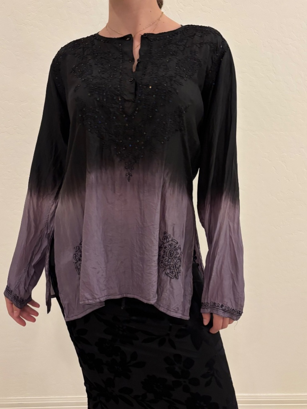 Gugs of Beverly Hills 100% Silk Embroidered Tunic - Ombre Dip Dye Boho Top, L